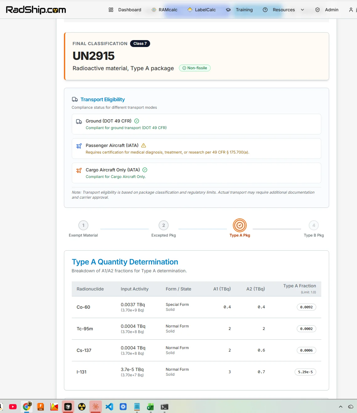 RadShip.com radioactive material shipping software showing a Class 7 classification result with UN number, package type, and Transport Index