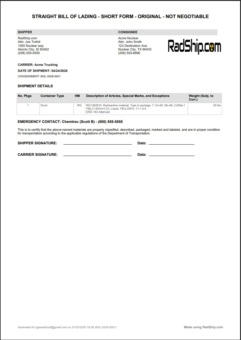 Generated Class 7 radioactive material shipping paper and bill of lading produced by RadShip.com software